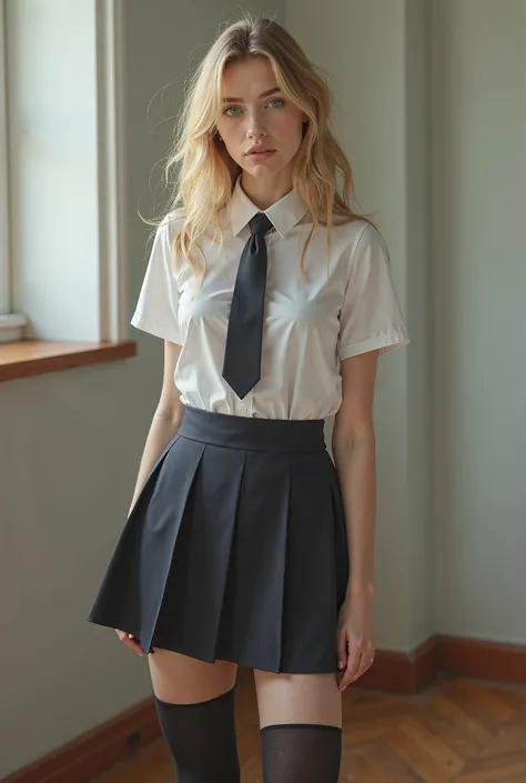 blond woman in a school uniform posing for a picture, a photo by Eve Ryder, tumblr, danube school, cute schoolgirl, of a schoolgirl posing, dressed as schoolgirl, realistic schoolgirl, hyperrealistic schoolgirl, school girl, a hyperrealistic schoolgirl, ag...