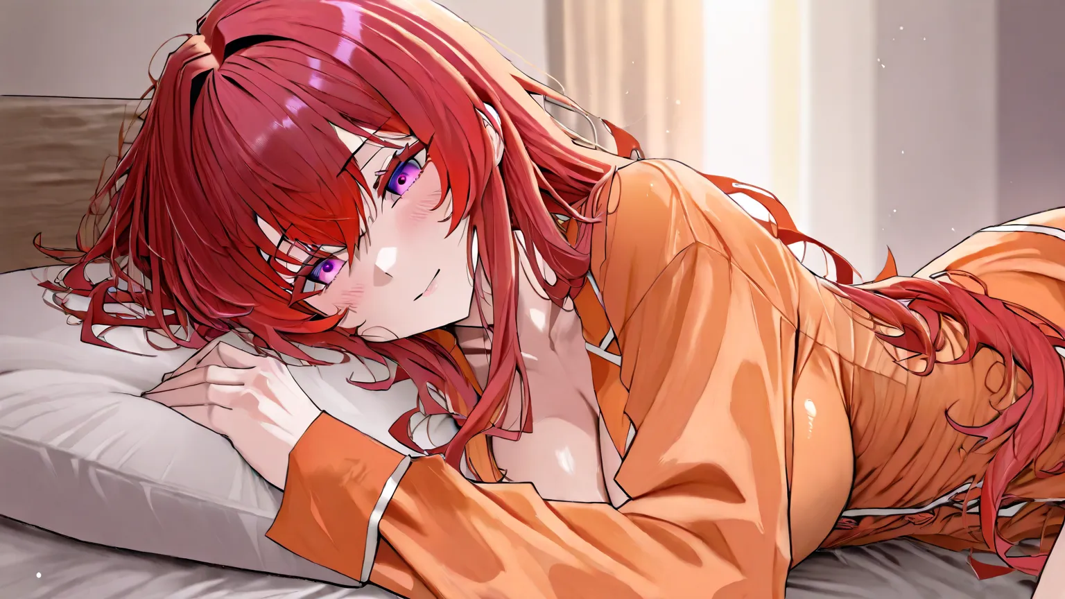  thin Caucasian girl with huge breasts, wavy red hair perfect long with purple eyes, with a rough and sexy look . orange pajamas,  asleep on her bed . 