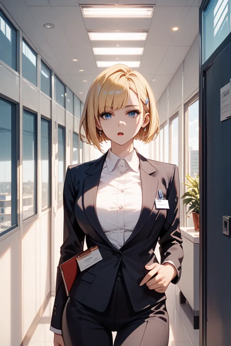 (masterpiece, best quality, ultra-detailed, 8K resolution: 1.2), Woman,office corridor, voluptuous,(black business suit:1.2),tube top, expressionless,blue eyes,side parted hairstyle,blonde hair,asymmetrical bob hair,open mouth, standing