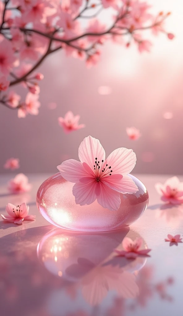 Calm, dreamy scene,  A beautiful rose-colored crystal is placed in the center ,  smooth,  is delicately decorated on a symmetrical surface , The delicate surface 々 shines softly , Ethereal Light. At the center ,  single,  The magnificent cherry blossom pet...