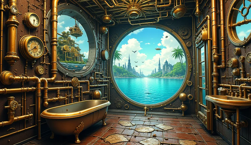 A surreal steampunk illustration of an artful bathroom where the walls and floors are constructed entirely from an intricate network of brass pipes, exposed gears, pressure gauges, and mechanical water faucets, seamlessly interconnected with copper wiring ...