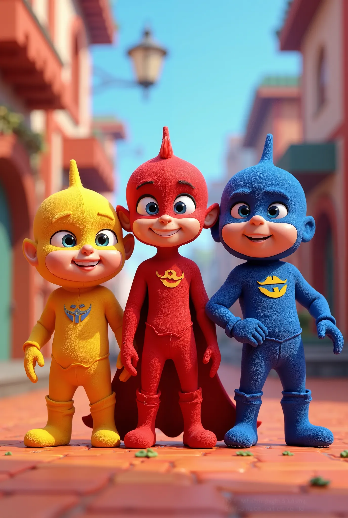 three characters in Yellow, Red and Blue in animated 3D