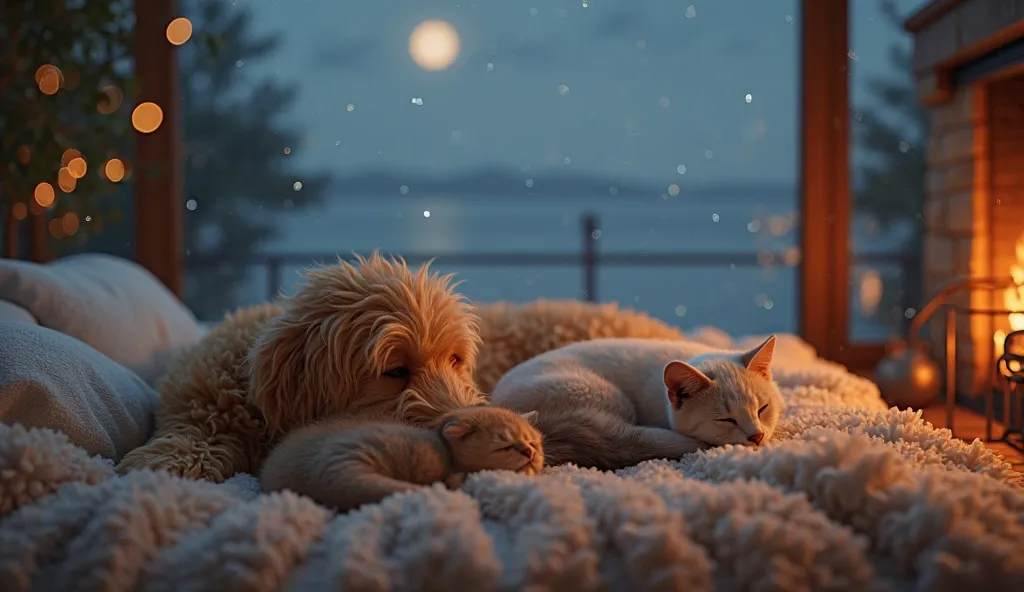 A highly detailed and photorealistic cozy indoor scene during a peaceful rainy night. A Golden Doodle dog, a Ragdoll cat, and a tiny baby ferret are peacefully sleeping together on a soft, plush blanket near a large window. Their eyes are fully closed, the...