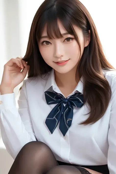 masterpiece、Best Quality、  photos、 Genuine 、Super Detail、Hi-Res、 8k、perfect dynamic composition 、 beautiful dark brown eyes、 ((Office uniform :0.3))、suit、  long hair、(Natural Breasts :0.5)、round face、 natural colored lips、(five fingers)、  with a smile 、30-...