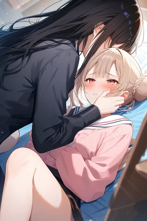 2 girls、character 1（ light beige hair、Curl inward、sailor suit、灰色チェックのミニskirt、people like the atmosphere、Tall Length）、Character 2（ female 1、long black hair、Bun Hair、Tactile hair、suit、skirt、 Female Teacher）、bed、lying down、Aftertaste、 disheveled clothes、 brin...