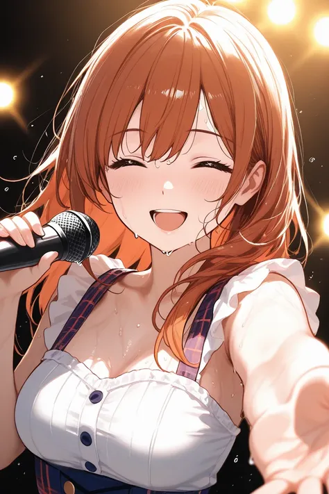 High quality texture, a girl,older sister, medium breasts, Idol, smile,  singing,  hot ,very sweaty, reaching towards viewer, outstretched arm