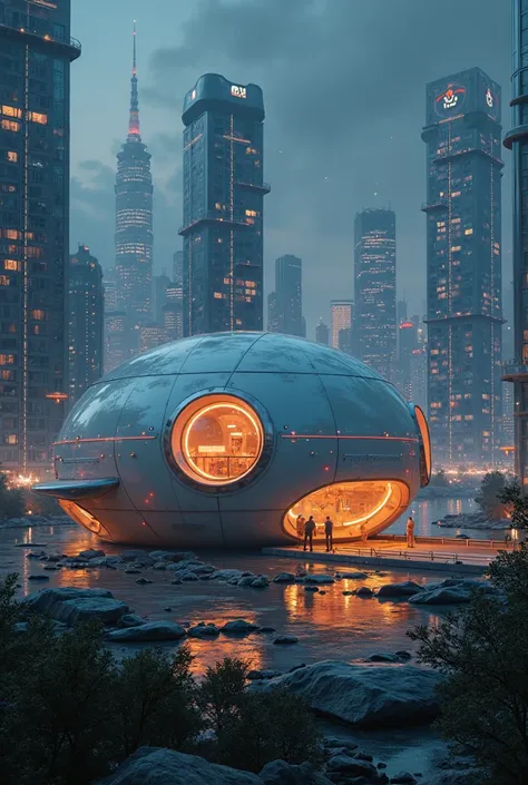 Night in the near future ，It is a round, bubble-shaped object with a、urban features 