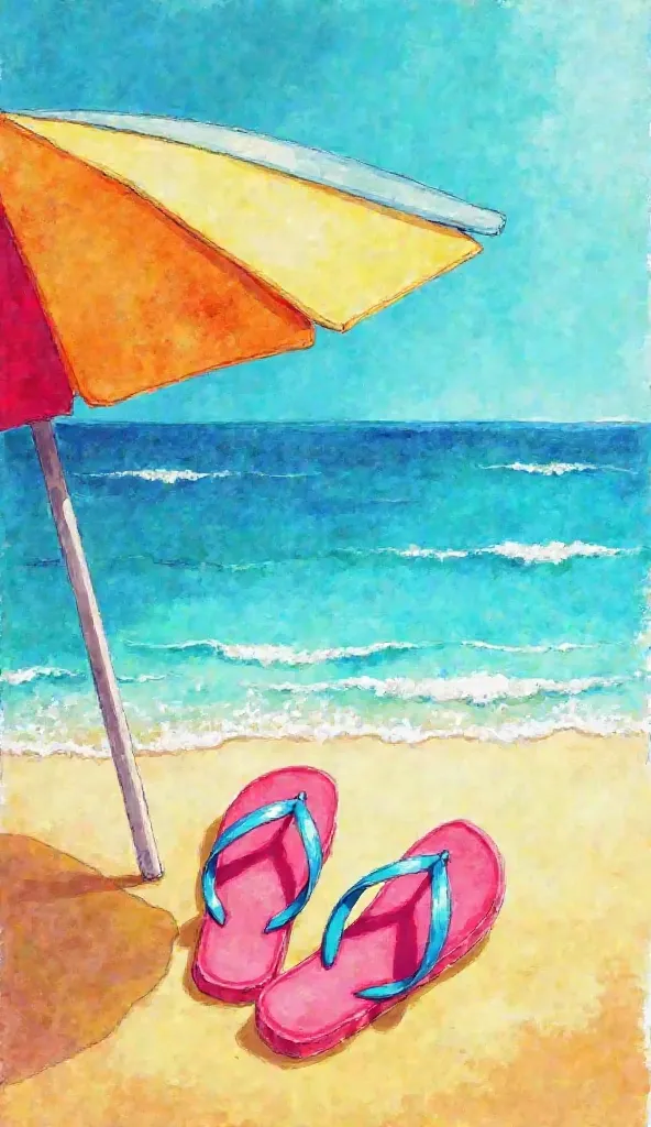 The above image design shows a bright summer scene with watercolor materials with typical elements such as:

A colorful sun umbrella (blue, yellow, orange, red) creates a cheerful, vibrant feeling.

A pair of pink flip-flops with blue straps, placed on a w...