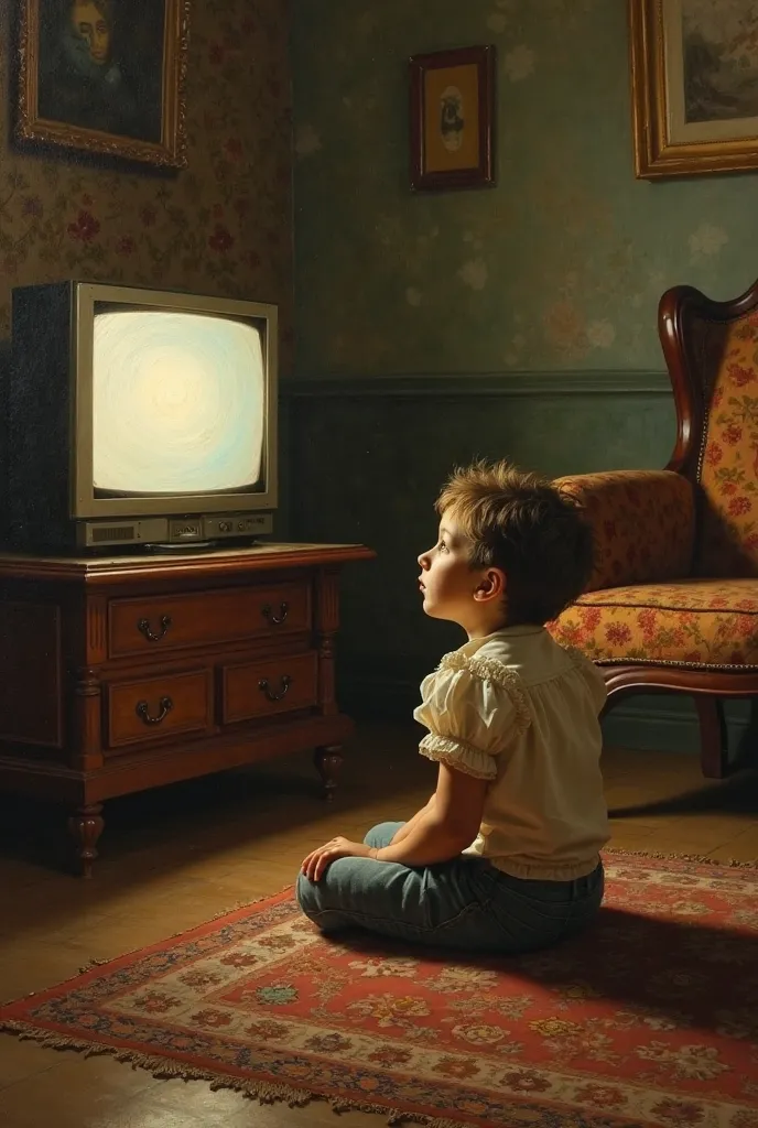 A historical-style oil painting of a young  sitting on the floor in a dimly lit vintage living room, watching an old CRT television. The screen emits a soft glow, illuminating the 's fascinated expression. The room is decorated with antique furniture, a wo...