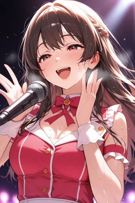 High quality texture, a girl,older sister, medium breasts, Idol, smile,  singing,  hot ,very sweaty, 