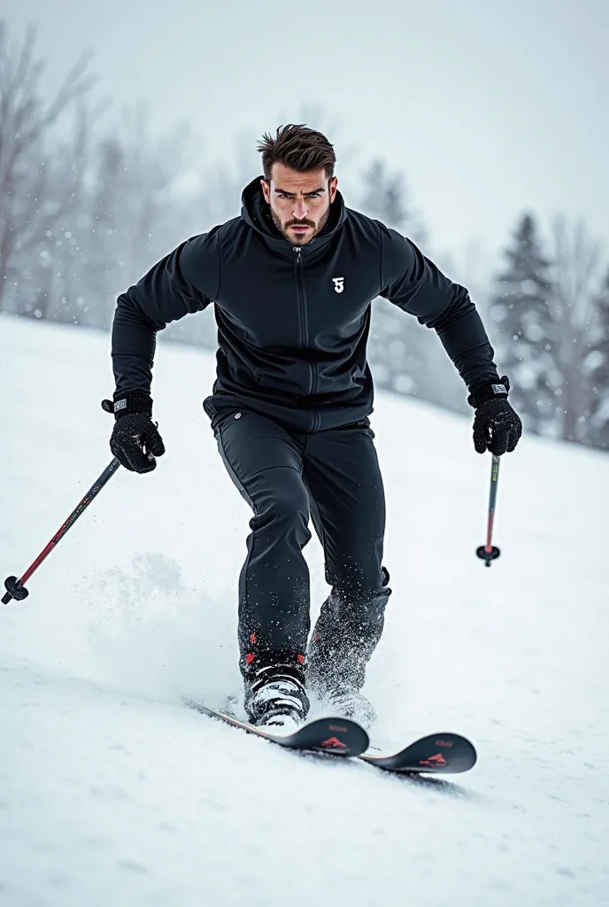 Photographed while skiing (black)in ski suit, Tall male