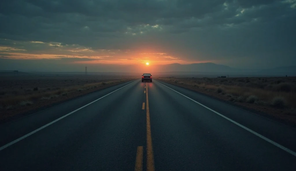 "A long, empty highway at dawn, stretching endlessly into the distance. The sky is a mix of dark blue and orange as the sun begins to rise. A single car is driving away, its taillights glowing faintly in the early morning mist. The road feels lonely and de...