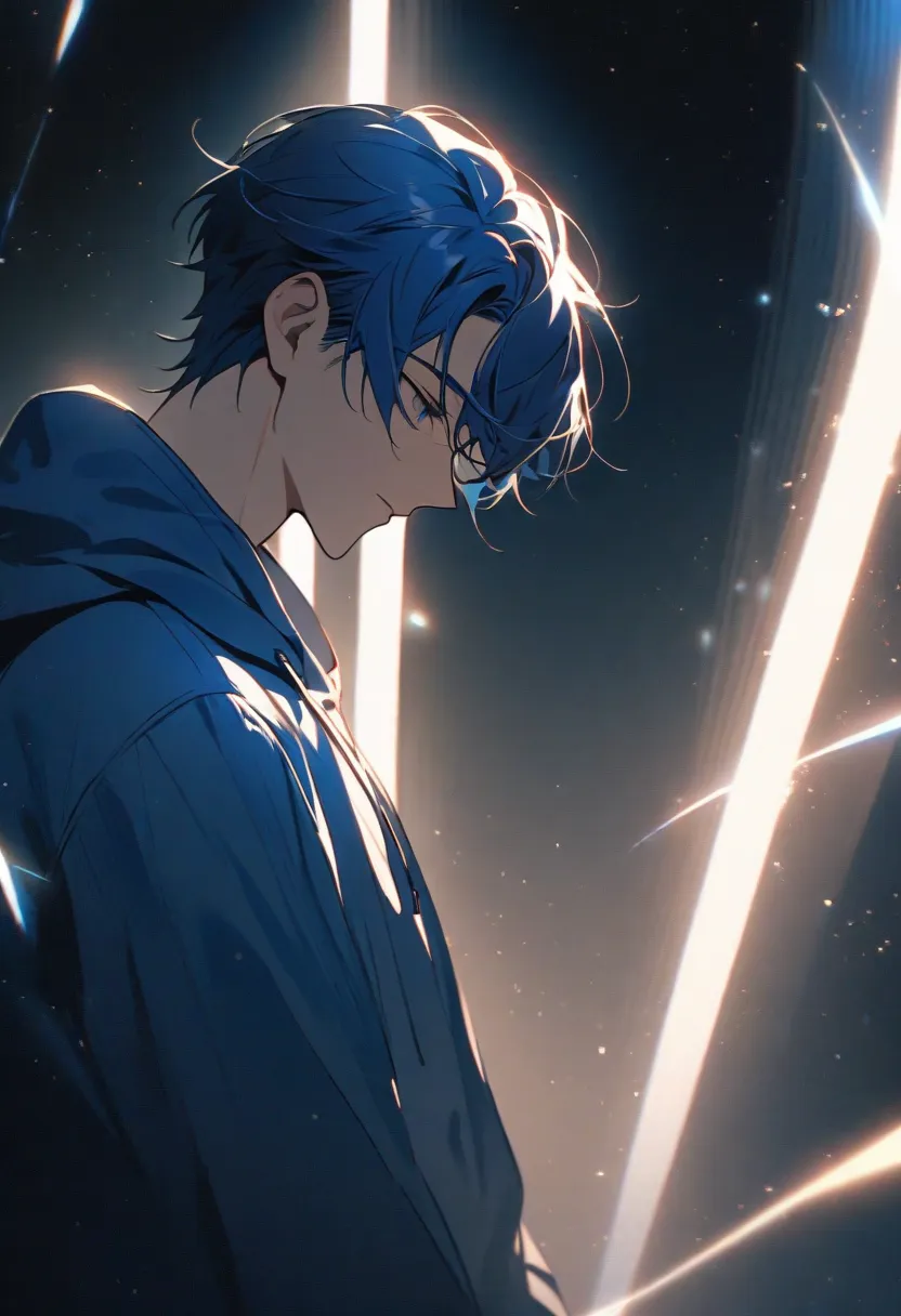   handsome, alone, 1 male,   short hair,  blue hair, blue hoodie,It's not a profile、Look here,simple background, dark background, Particles of Light Are Dancing