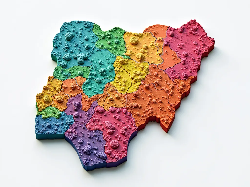  create a colorful 3d model of Lagos State map popping out of a Nigeria map on white background