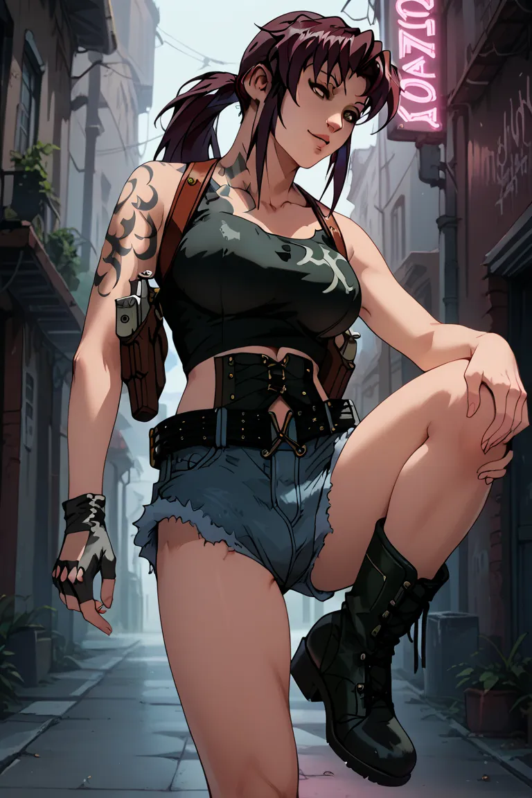 Characters: Female, 1 Female, Solo, Anime Style (1.3), Revy, Brown Eyes, Ponytail (Low Ponytail),
Skull tattoo on arm. Wears a black frilly miniskirt, a tight leather corset with silver chains, fingerless leather gloves, knee-length lace-up boots with meta...