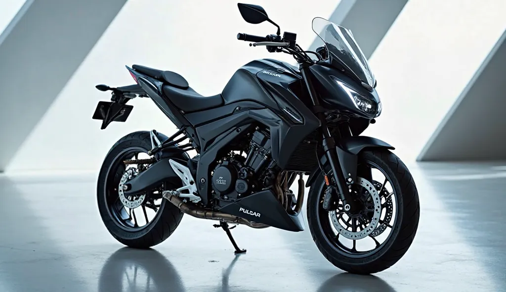 2025(  Bajaj pulsar 125 ) motorcycle in vibrant( black) color standing in luxury showroom.full (left side) show with showroom background white blur