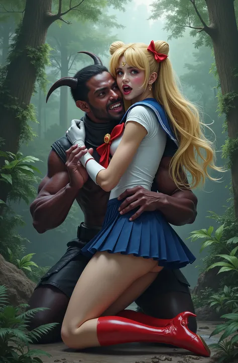 Hyperrealism, masterpiece, highest quality, A young Japanese woman is sitting on the devil lap, ((she is crying and screaming in pain)), tears from her eyes, painful face, she is wearing a Sailor Moon costume, Blue sailor collar, Blue short mini pleated sk...