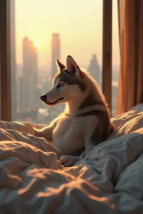 A close-up of the superhero Husky stretching in bed, his muscular arms flexing, fur illuminated by warm morning sunlight. The futuristic cityscape glows through the window.