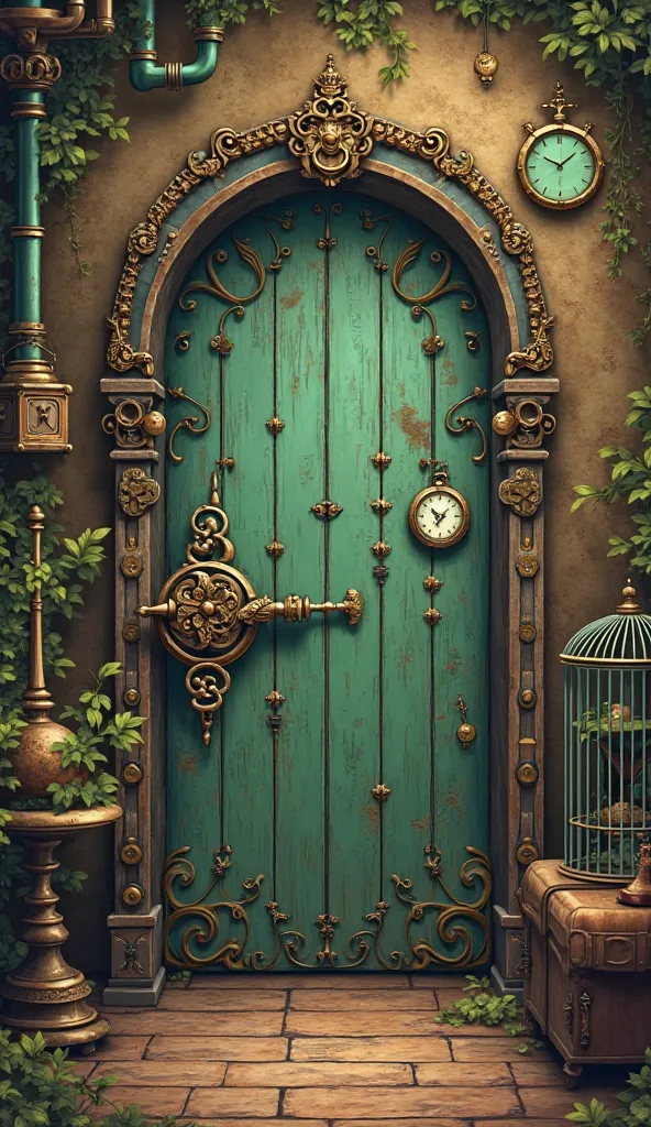 Steambank style　key　door　door　Birdcage　clock　globe　green