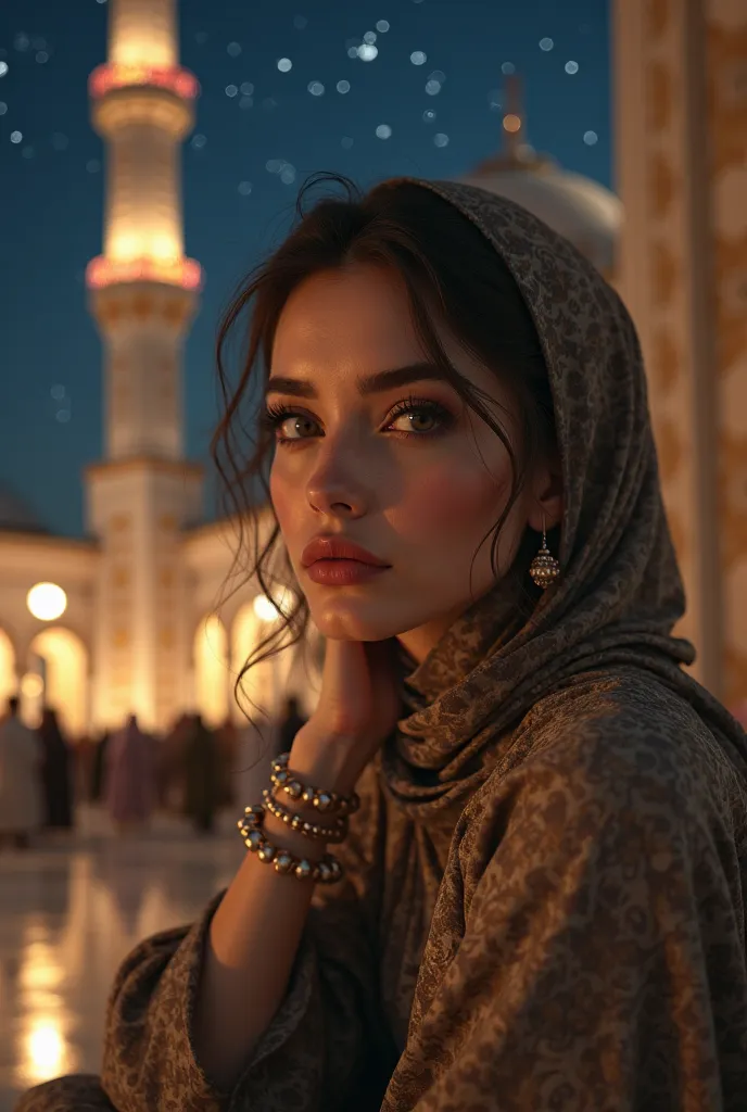 (Closeup face photorealism:1.2), beautiful women 35yo, perfect makeup, blushed, eyelice, eyeshadow, eyeliner, red lips, sharps eye, sits comfortably on the steps of a mosque during Ramadan night. The soft glow of lanterns illuminates the peaceful scene, ca...