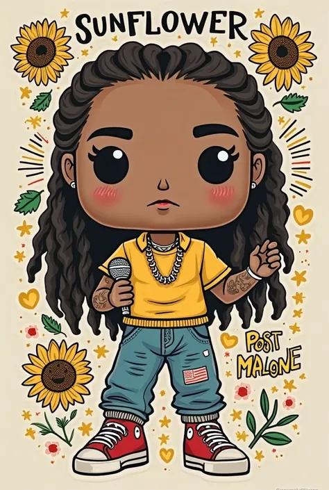 Create a stylized t-shirt design in the Funko Pop format, inspirado na música 'Sunflower' de Post Malone.  The design must include :

A stylized Post Malone Funko Pop,  with her distinctive look  (braided hair, visible tattoos and a gold chain), holding a ...