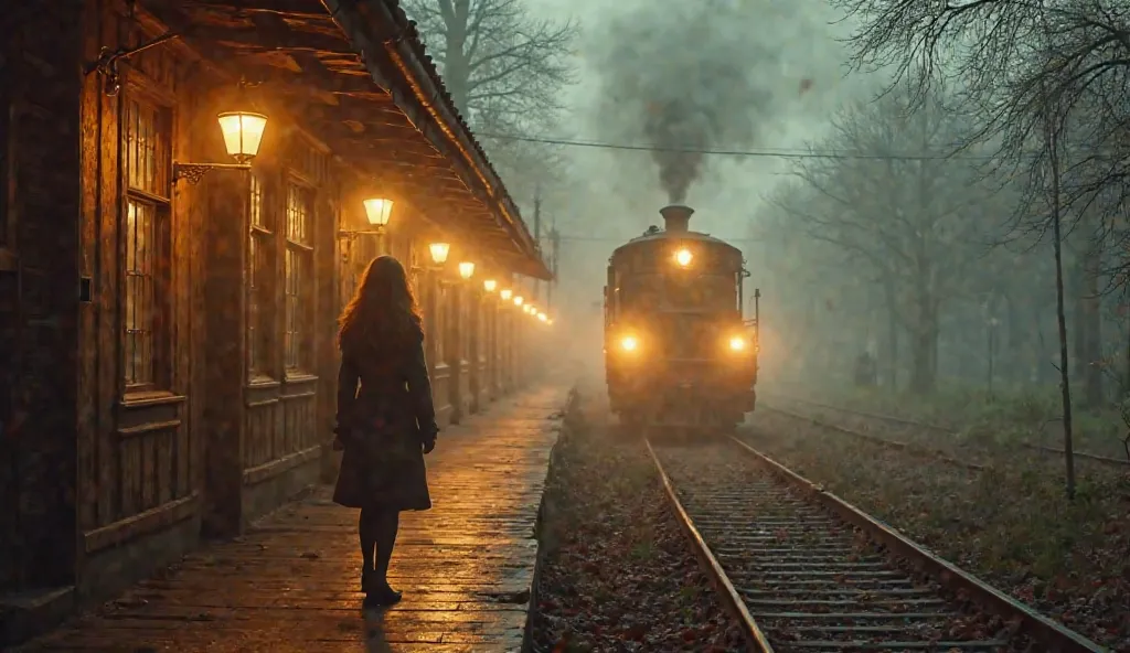 A cinematic, atmospheric autumn evening scene at a vintage train station. The setting is bathed in soft, golden-hour lighting with a misty, eerie ambiance. A weathered platform with wooden planks and old-fashioned lanterns glowing faintly in the dim light....