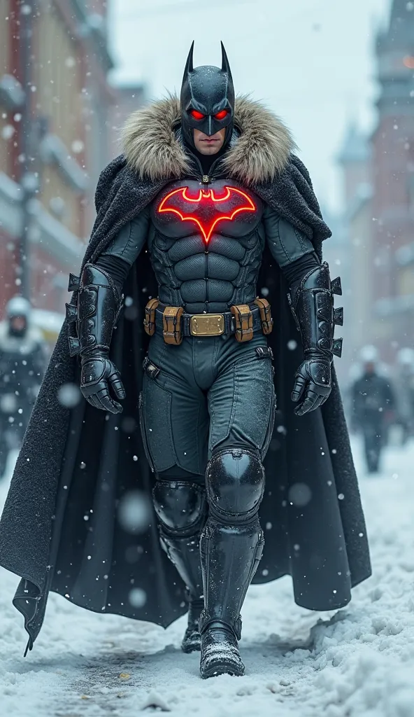 "A towering, heavily armored ninja Batman with a fur-lined cape walks through a frozen Moscow street. His suit is reinforced with Arctic camouflage, and his glowing red eyes pierce through the snowfall. Each step he takes is calculated, his presence striki...