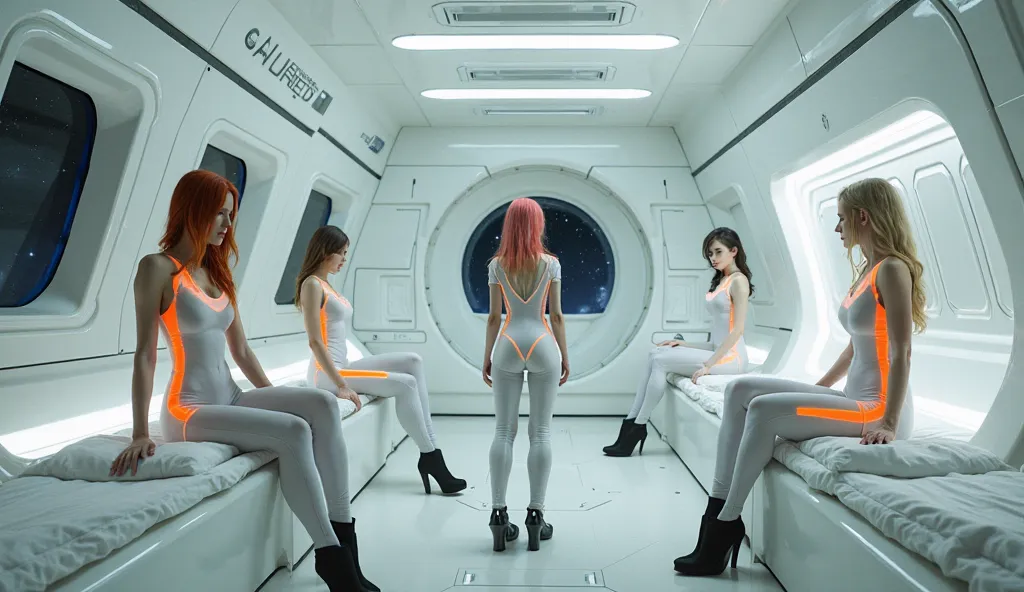 Masterpiece Ultrarealism, sci-fi, high detailed, perfect face, detailed eyes, 

A futuristic sleeping quarters on a spaceship. Minimalist design with soft lighting, smooth walls, compact bunk beds embedded into the walls, 

Three women in different pose, d...