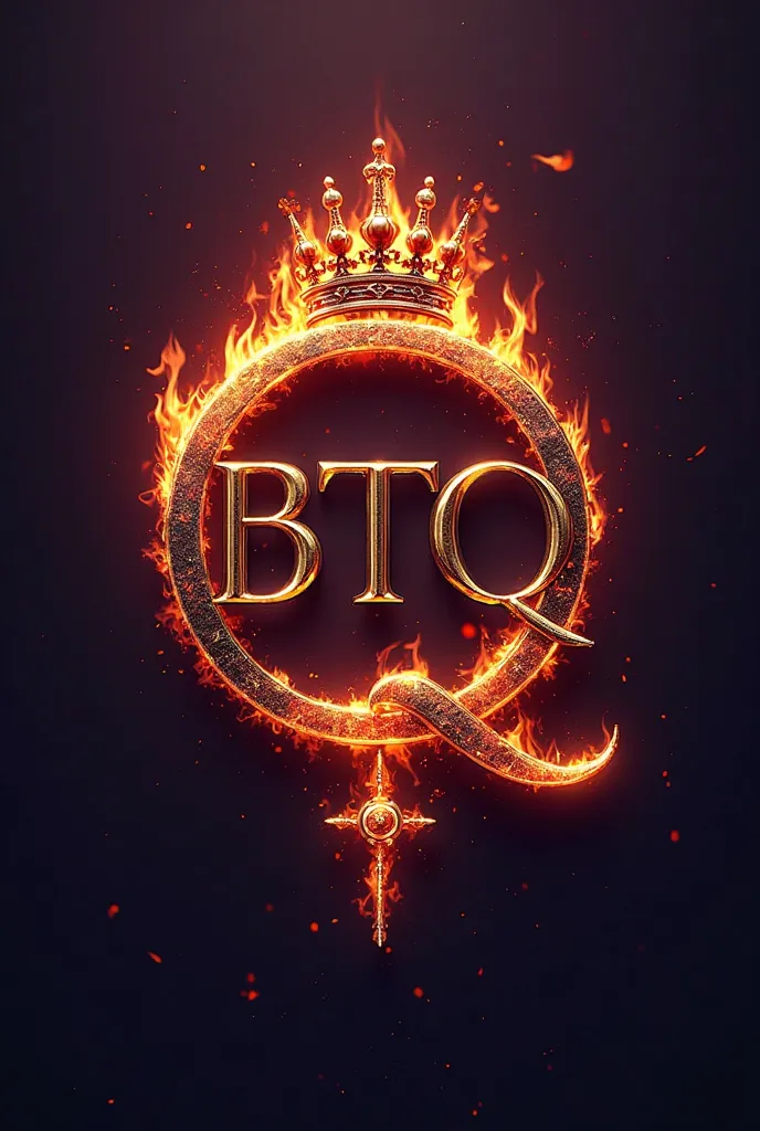 	•	Design: Use the letters “BTQ” with the “B” and “Q” slightly larger than the “T” to create a visual symmetry, with flames rising or glowing around the edges of the letters. You could also have a subtle crown shape above or around the Q.
	•	Colors: A comb...