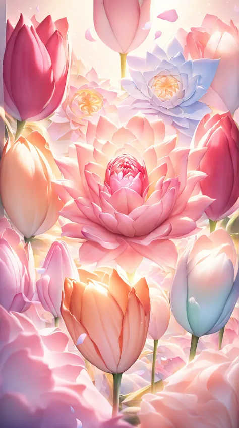 "A simple, soft background with a gradient of pastel colors. In the center, a large, beautiful tulip and dahlia, arranged together. The tulip is delicate and light, while the dahlia is bold and luxurious. The flowers are vivid and detailed, with soft, gent...