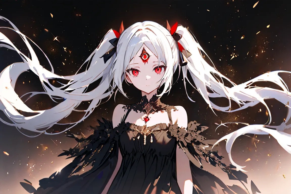 1 girl, white hair, red eyes, third eye on forehead, twin tail, very beautiful, black dress, best quality, high performance.