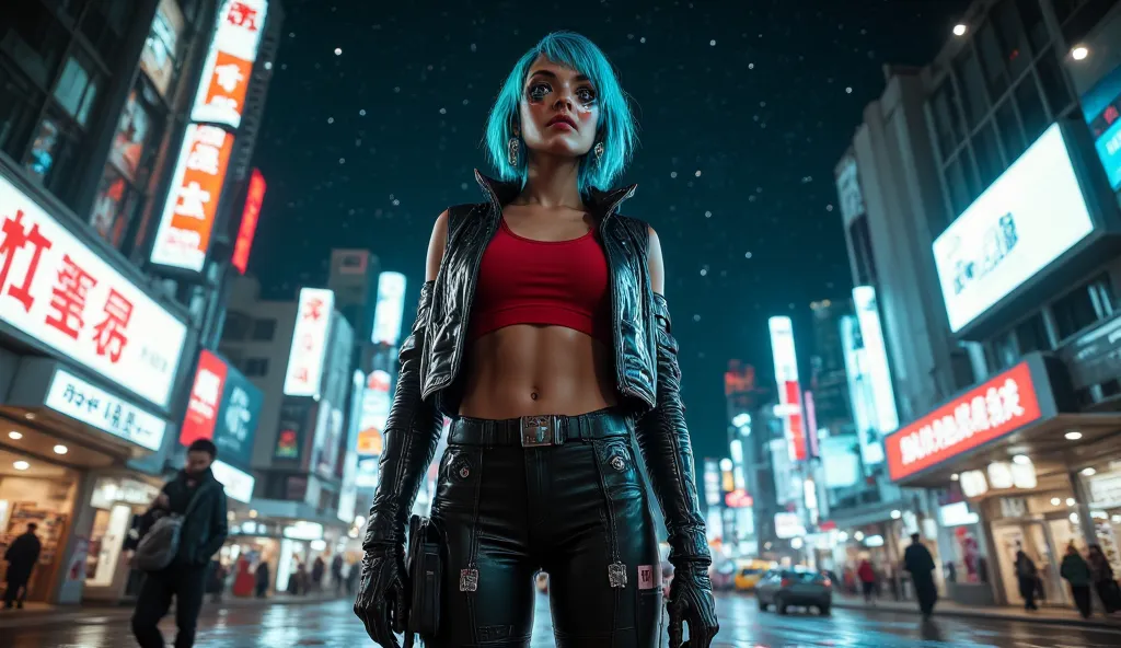 8k, ultra-realistic quality, hyperrealistic photo, super detailed depiction, realistic, not low quality, extremely intricate details, ultimate details, hyperrealistic details, meticulously rendered skin, cyberpunk world, a Caucasian woman with a complete c...