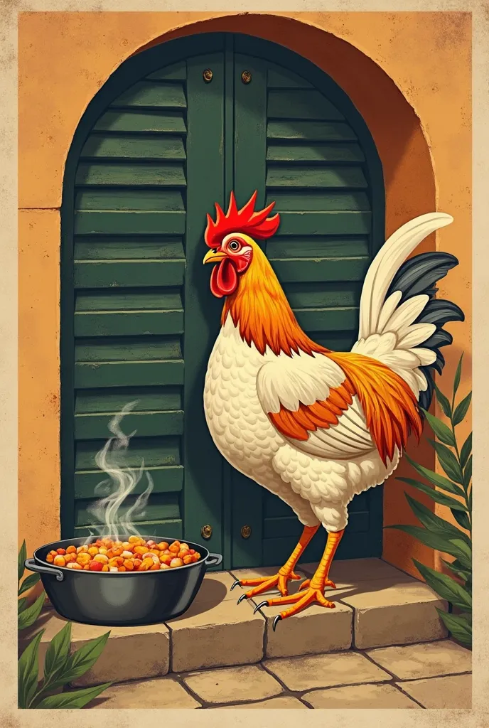 arched poster of a chicken and a pot of food,  a poster by Félix Arauz , shutter, Art Deco, illustrated card, Vintage poster, poster illustration, , illustration of a rooster, poster design, Vintage poster style, Amaro, retro poster, poster,  Description ,...