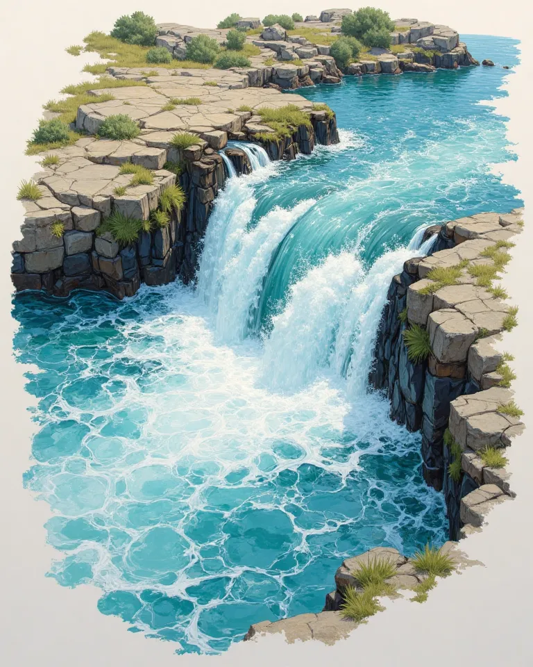 High quality, 8K Ultra HD, best quality, super detailed, Artist's sketch style, thick lines, Composition viewed from above, no people,Captured the movement of the Babbling brook,Torrent,River flow sketch,Transparency,clearly visiblewave,small splash, analo...