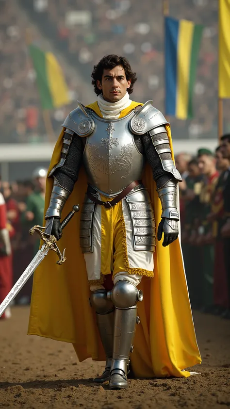 Ayrton Senna reimagined as a knight walking and holding a sword､dramatic atmosphere, 1 male､ 

He has wavy, dark brown hair that frames his sharp, contemplative features. His deep brown eyes hold a focused and thoughtful gaze, embodying the spirit of a tru...