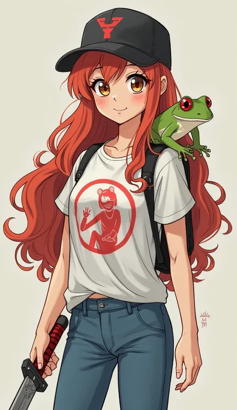 27-year-old long-haired red-haired girl, brown eyes with a black cap, white t-shirt with red diver on her shoulder she carries a frog and in her hand a sword, blue pants with red shoes.