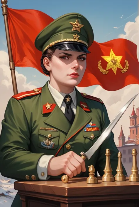 A bear in Soviet costume in a propaganda poster holding a chess game 