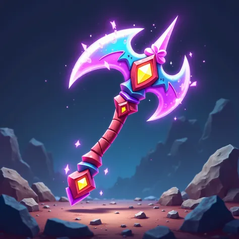 Animated Mining Pickaxe， are brightly colored， glow effects ，dynamic design，charming， Magical Aura，Pixel-free Art Style，Flowing Energy，Mining Theme Details，Sharp and Sturdy。