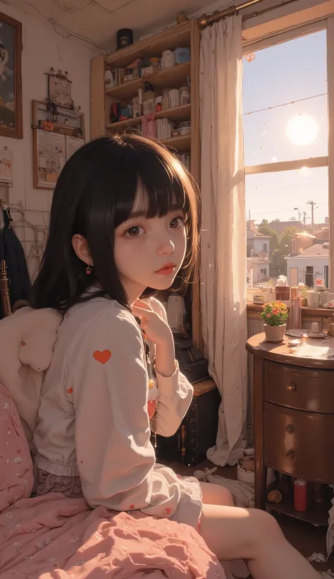 taken from below、fisheye lens、Top Quality, masterpiece, girls, dark-haired, full bangs、 dark eyes, Home, the sun shines, Shiny Skin, Solar flare, eat chocolate , Valentine's Day,