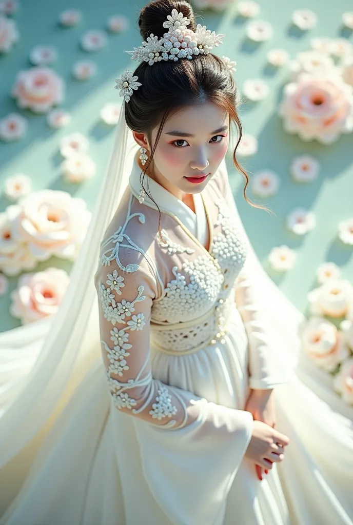 A girl koeran Extreme Wide Shot,aerial perspective,top-down view,grand scale,central subject,woman in hanfu bridal gown,hanfu petals are covered around,intricate crystal floral patterns,ethereal white Color flower sea backdrop,dreamlike ambiance,vibrant wh...