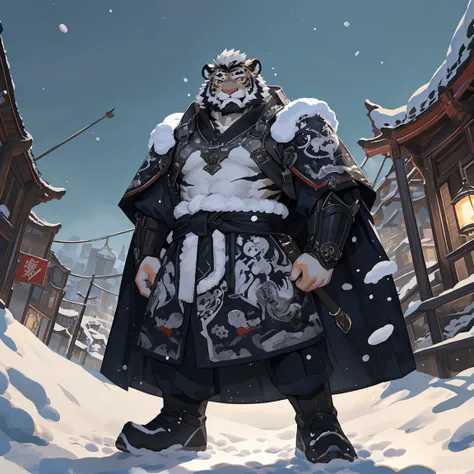 ( White Skintiger),(Black and white yin and yang  Generally  battle robe),(holding a long sword),Powerful stance,Standing quietly,( The background is a snow-covered city :1.2),(abdominal  muscles),Heroic Pose,A perfect  masterpiece, Various facial details ...