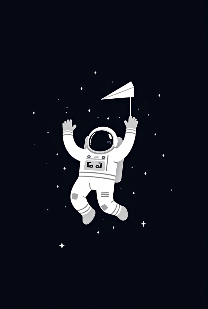 "A minimalist digital illustration of an astronaut floating in space, playfully holding a paper airplane. The astronaut's suit is detailed with small patches and tubing, and the helmet visor is dark and reflective. The background is a deep black void with ...