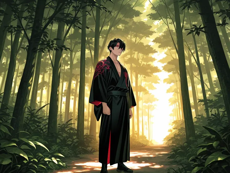 Vampire man with black hair, red eyes, wearing a black kimono, in a forest