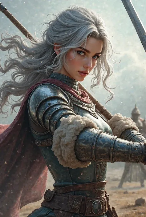 A realistic, photo-realistic original illustration (Best Quality) ((Masterpiece)) (High-Resolution) A highly detailed masterpiece. Best quality illustration. An alluring portrait of a determined female warrior drawing a sword against a neutral battlefield ...