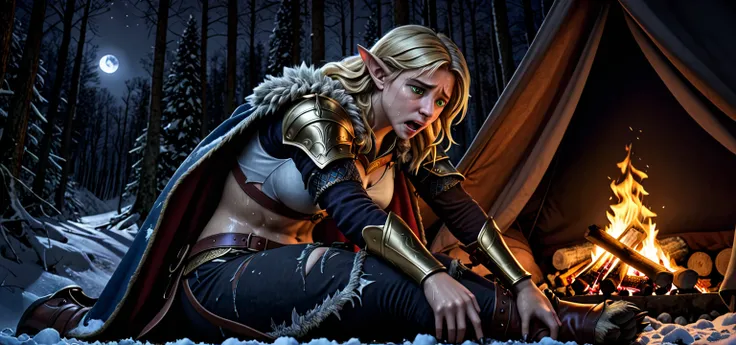 low angle shot:1.3, Woman, torn outfit paladin, fantasy armor, transformation, mid transformation, werewolf, steel sword, beautiful face, blonde hair, green eyes, in pain, sweating, sick, forest, camping, tent, campfire, winter, heep snow, footsteps, trail...