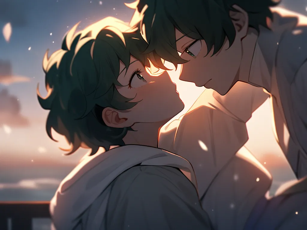 Midoriya Izuku is giving a kiss to a beautiful woman, both are in profile