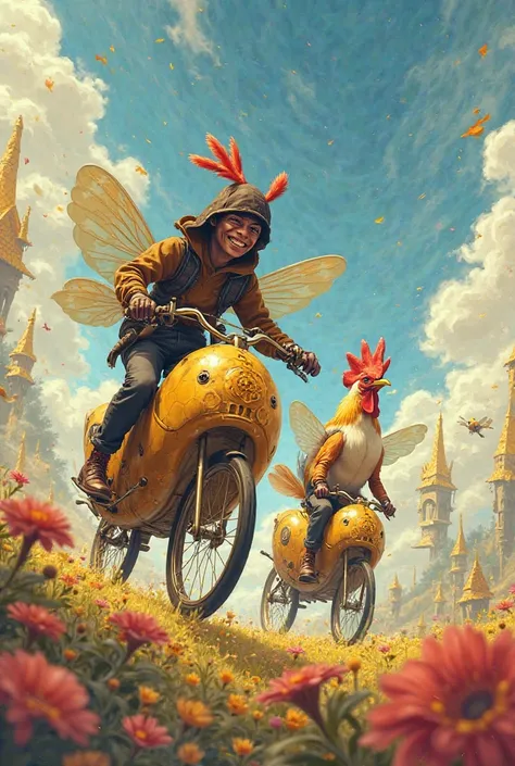 Thief and rooster on bee bikes 
Written by Futtero L'Ape 