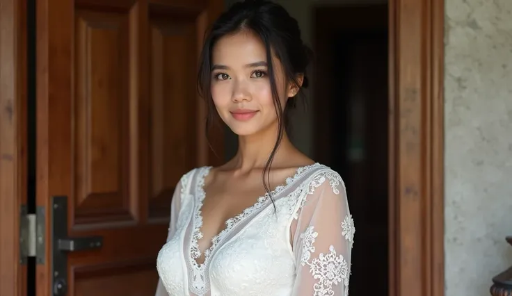  Indonesian Women, Woman face of Indonesia, age 30 wears long white tight lacy kebaya outfit, fair skin, store bryster 36 B, big breasts, big hips, busty body ,  GEMOY , cubby, Plump, bahenol, sexy pose , pose hot, slightly chubby posture, Angle to the rig...