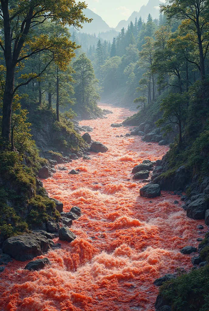 A red coloured  raging river in the forest