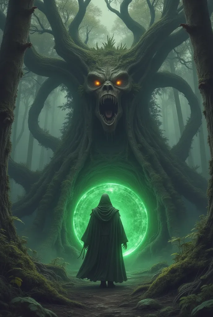 A beautiful wizard is watching, Climb out of the portal, In a dense forest, Mysterious Forest, Thick fog,  dark atmosphere , and there's a huge tree in the middle,with a face and a screaming mouth,It's a glowing green portal, . An epic adventure combining ...